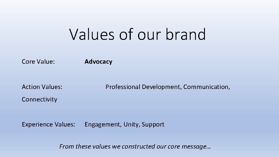 Values of our brand Core Value: Advocacy Action Values: Professional Development, Communication, Connectivity Experience