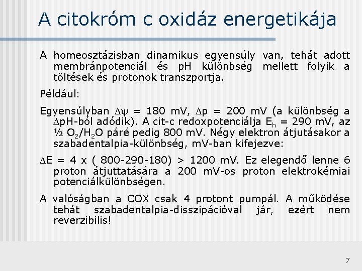 A citokróm c oxidáz energetikája A homeosztázisban dinamikus egyensúly van, tehát adott membránpotenciál és