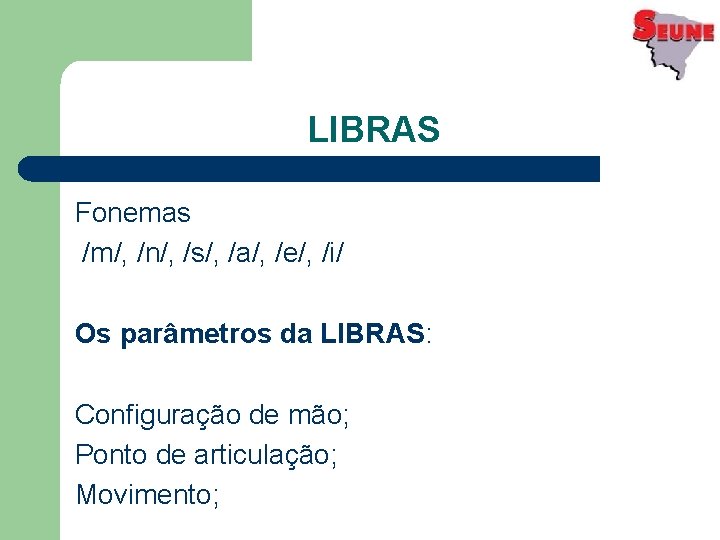 LIBRAS Fonemas /m/, /n/, /s/, /a/, /e/, /i/ Os parâmetros da LIBRAS: Configuração de