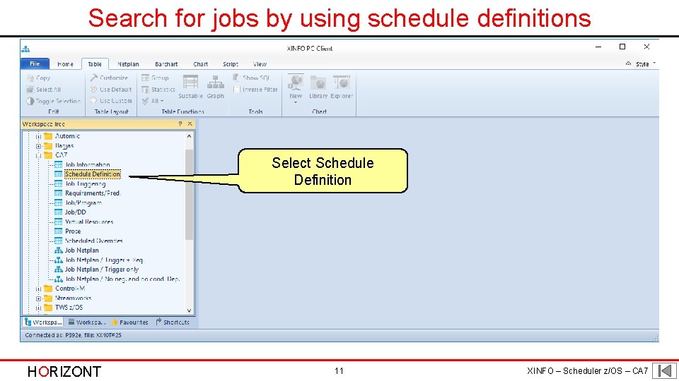 Search for jobs by using schedule definitions Select Schedule Definition HORIZONT 11 XINFO –