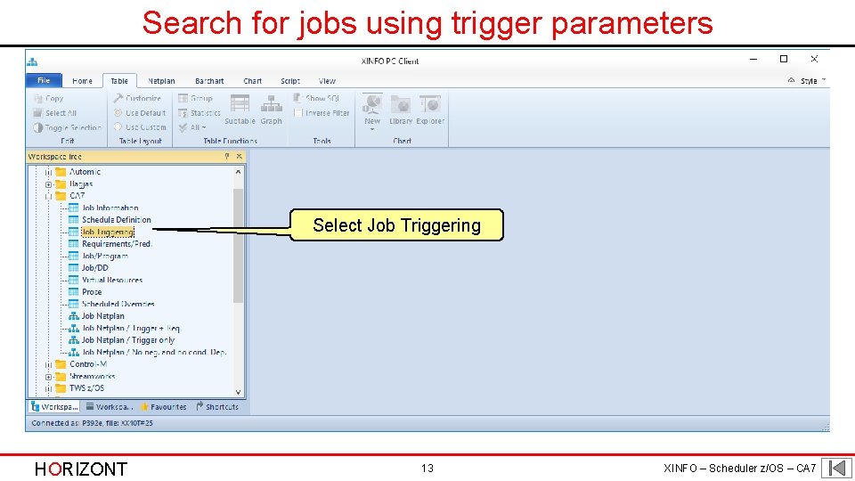 Search for jobs using trigger parameters Select Job Triggering HORIZONT 13 XINFO – Scheduler