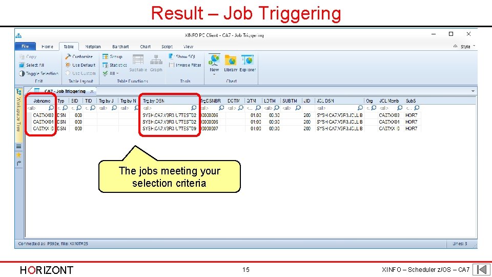 Result – Job Triggering The jobs meeting your selection criteria HORIZONT 15 XINFO –