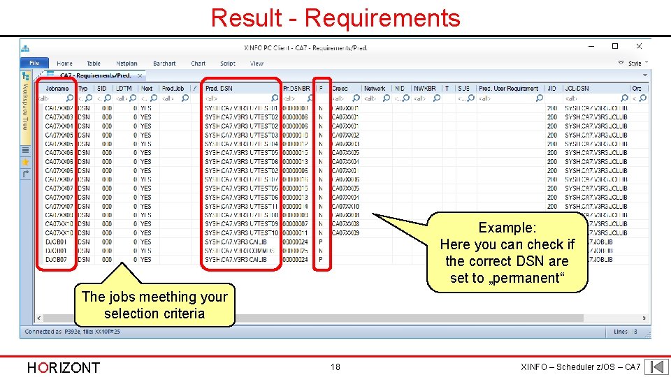 Result - Requirements Example: Here you can check if the correct DSN are set