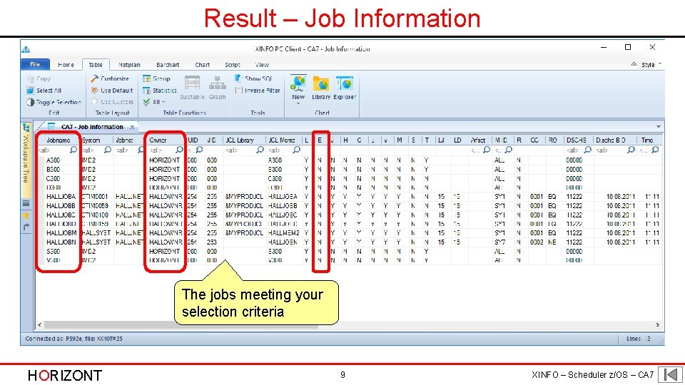 Result – Job Information The jobs meeting your selection criteria HORIZONT 9 XINFO –