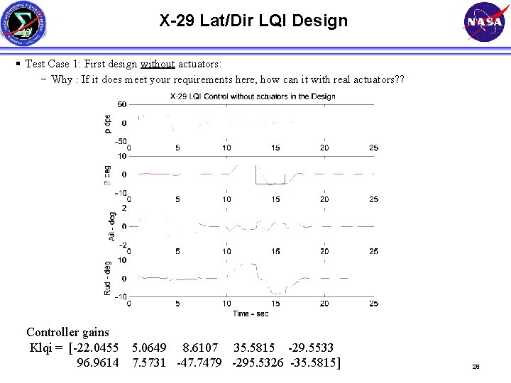 X-29 Lat/Dir LQI Design § Test Case 1: First design without actuators: − Why
