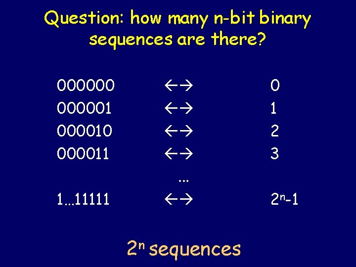 Question: how many n-bit binary sequences are there? 0000001 000010 000011 1… 11111 . Question: how many n-bit binary sequences are there? 0000001 000010 000011 1… 11111 .