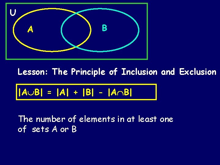 U A B Lesson: The Principle of Inclusion and Exclusion |A B| = |A| U A B Lesson: The Principle of Inclusion and Exclusion |A B| = |A|