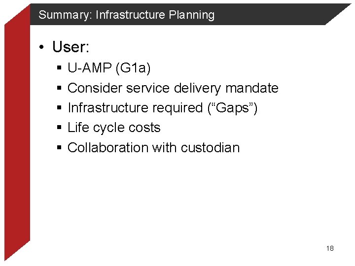 Summary: Infrastructure Planning • User: § § § U-AMP (G 1 a) Consider service