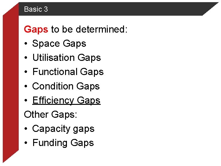 Basic 3 Gaps to be determined: • Space Gaps • Utilisation Gaps • Functional