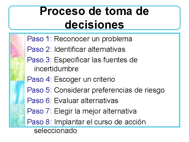 Proceso de toma de decisiones Paso 1: Reconocer un problema Paso 2: Identificar alternativas