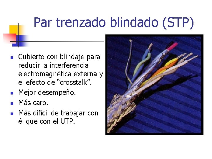 Par trenzado blindado (STP) n n Cubierto con blindaje para reducir la interferencia electromagnética