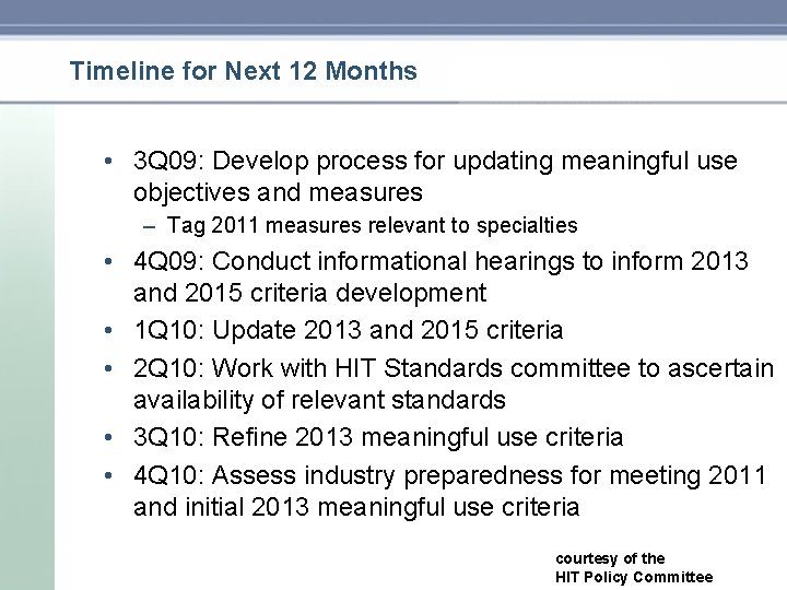 Timeline for Next 12 Months • 3 Q 09: Develop process for updating meaningful Timeline for Next 12 Months • 3 Q 09: Develop process for updating meaningful