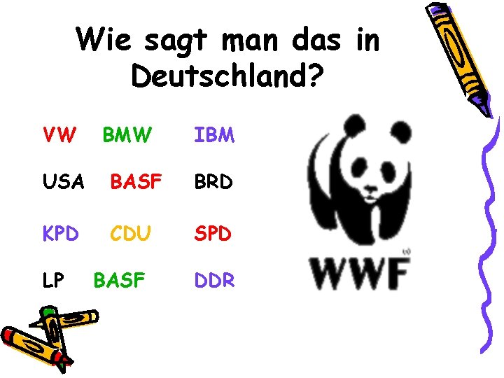 Wie sagt man das in Deutschland? VW BMW IBM USA BASF BRD KPD CDU