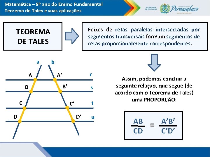 Matemática – 9º ano do Ensino Fundamental Teorema de Tales e suas aplicações Feixes