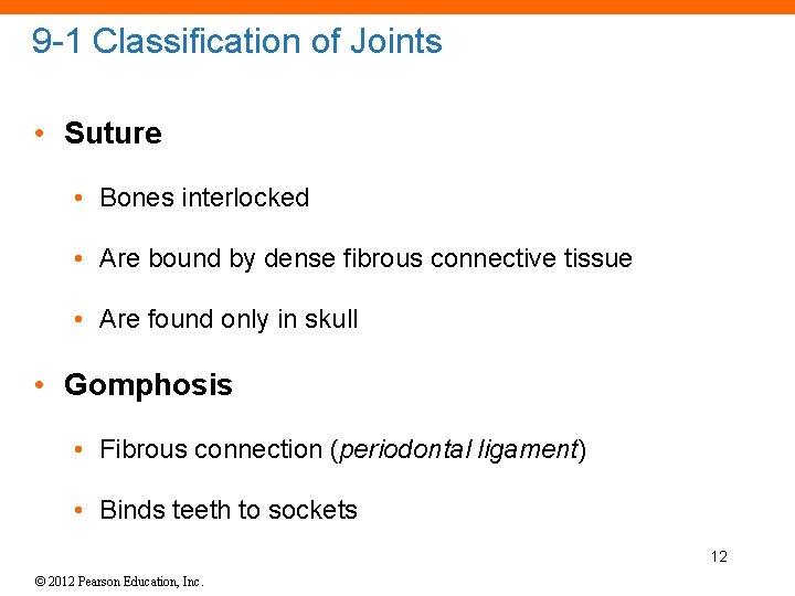 9 -1 Classification of Joints • Suture • Bones interlocked • Are bound by