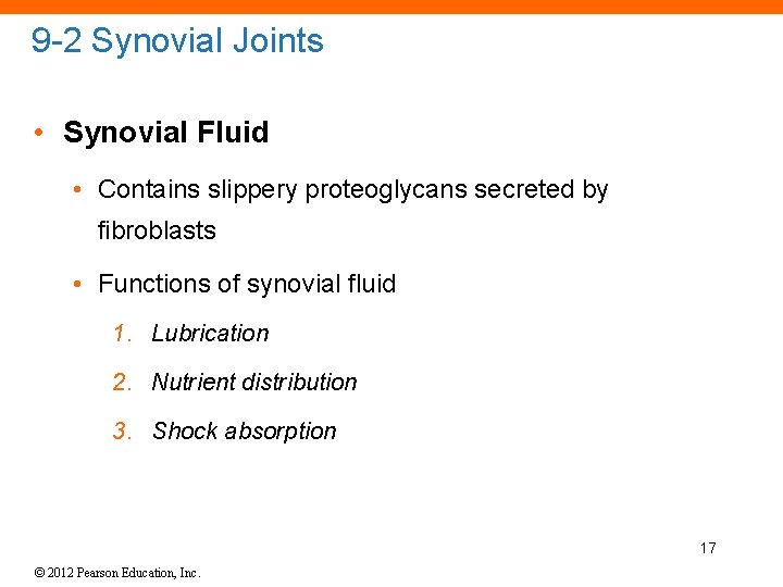 9 -2 Synovial Joints • Synovial Fluid • Contains slippery proteoglycans secreted by fibroblasts