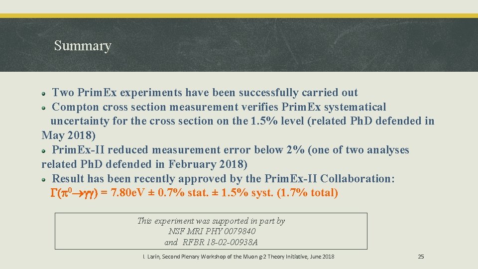 Summary Two Prim. Ex experiments have been successfully carried out Compton cross section measurement