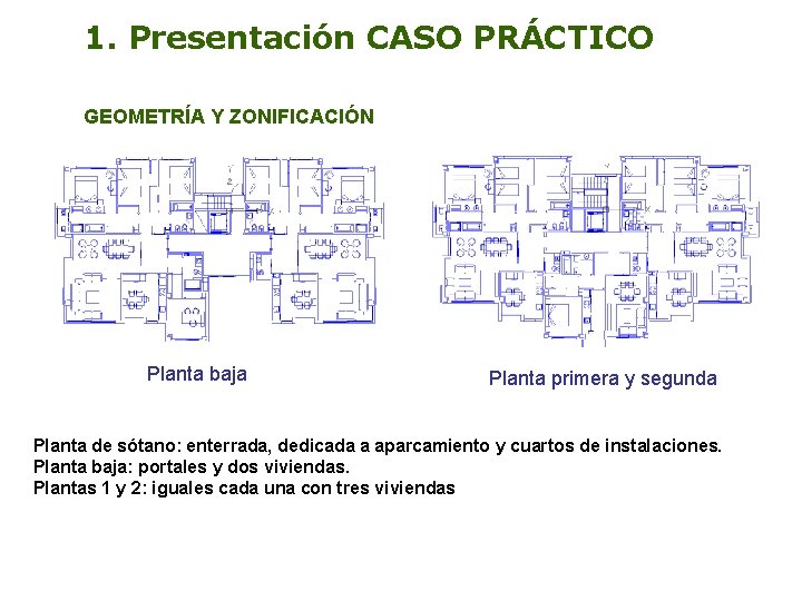 1. Presentación CASO PRÁCTICO GEOMETRÍA Y ZONIFICACIÓN Planta baja Planta primera y segunda Planta