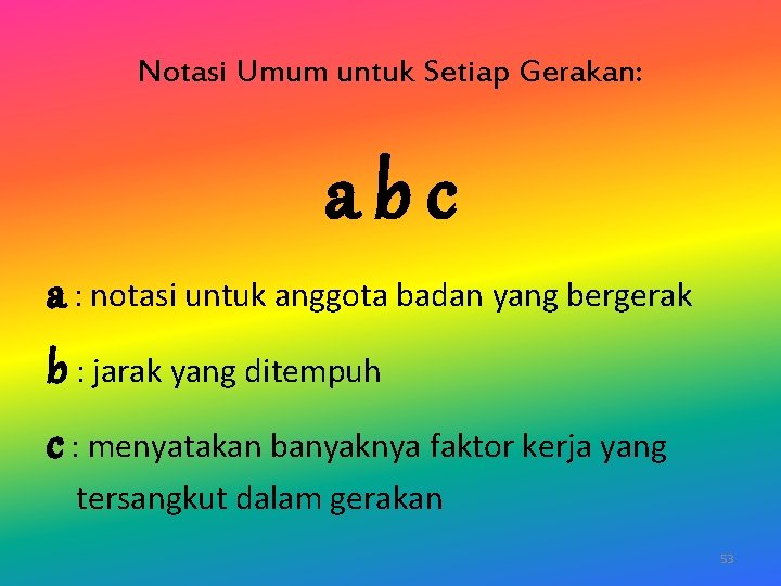 Notasi Umum untuk Setiap Gerakan: abc a : notasi untuk anggota badan yang bergerak