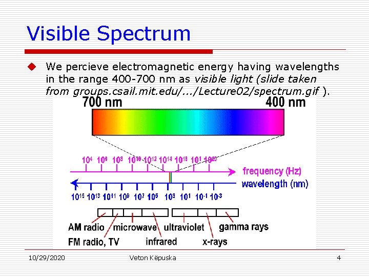 Visible Spectrum u We percieve electromagnetic energy having wavelengths in the range 400 -700