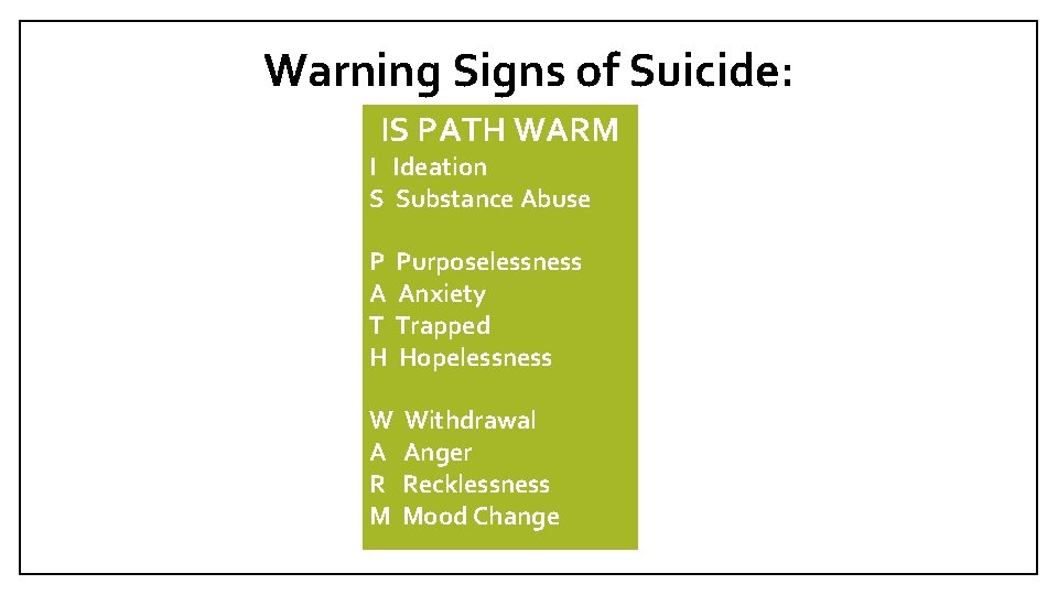 Warning Signs of Suicide: IS PATH WARM I Ideation S Substance Abuse P Purposelessness