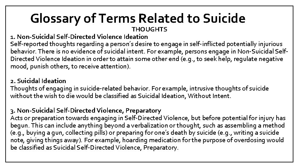 Glossary of Terms Related to Suicide THOUGHTS 1. Non-Suicidal Self-Directed Violence Ideation Self-reported thoughts