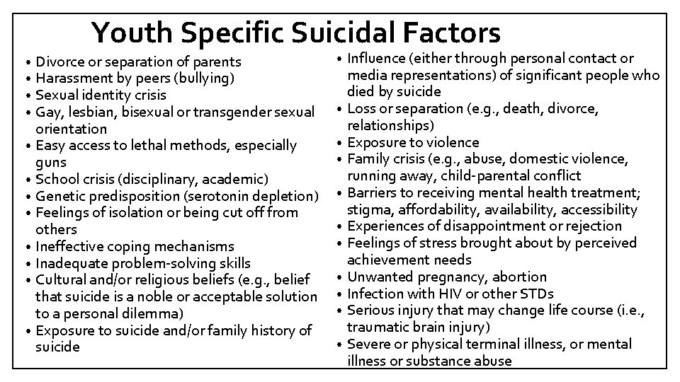 Youth Specific Suicidal Factors Divorce or separation of parents Harassment by peers (bullying) Sexual