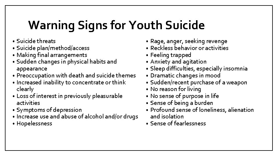Warning Signs for Youth Suicide threats Suicide plan/method/access Making final arrangements Sudden changes in