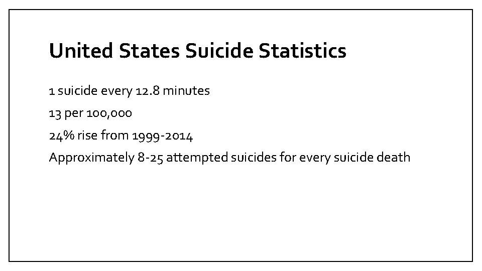 United States Suicide Statistics 1 suicide every 12. 8 minutes 13 per 100, 000