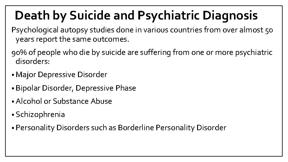 Death by Suicide and Psychiatric Diagnosis Psychological autopsy studies done in various countries from
