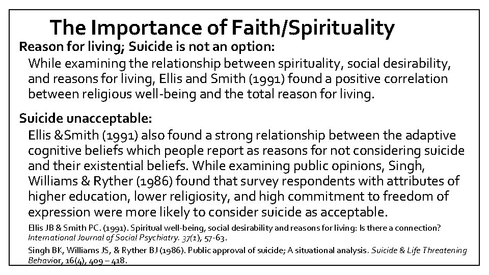 The Importance of Faith/Spirituality Reason for living; Suicide is not an option: While examining