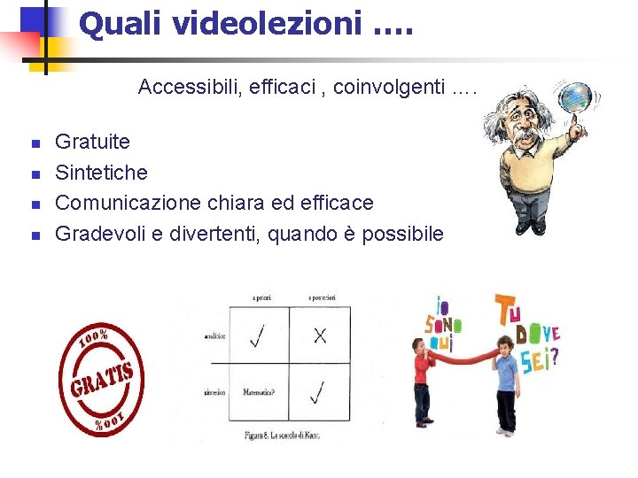 Quali videolezioni …. Accessibili, efficaci , coinvolgenti …. n n Gratuite Sintetiche Comunicazione chiara