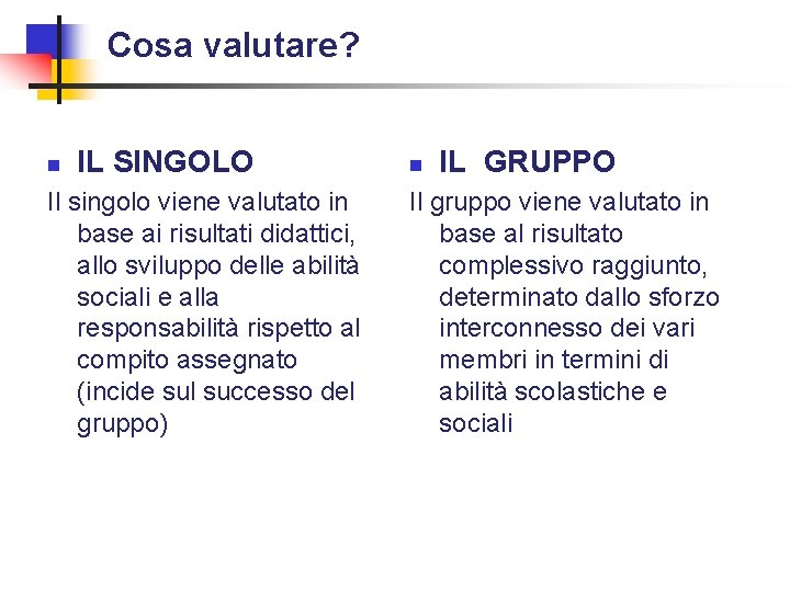 Cosa valutare? n IL SINGOLO Il singolo viene valutato in base ai risultati didattici,