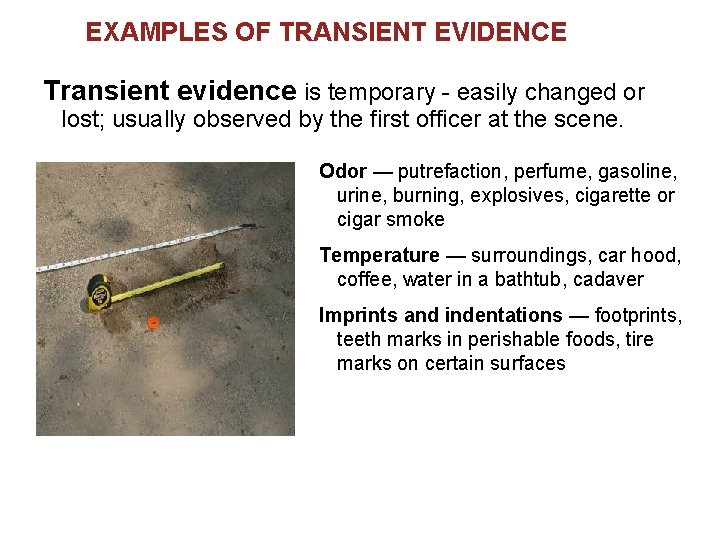 EXAMPLES OF TRANSIENT EVIDENCE Transient evidence is temporary - easily changed or lost; usually