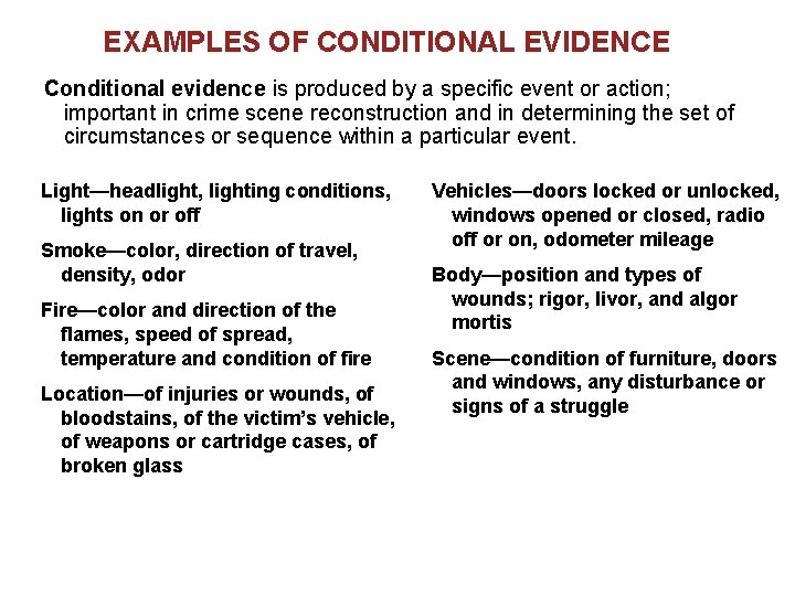 EXAMPLES OF CONDITIONAL EVIDENCE Conditional evidence is produced by a specific event or action;