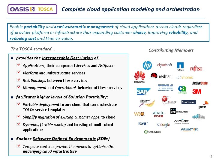 TOSCA Complete cloud application modeling and orchestration Enable portability and semi-automatic management of cloud