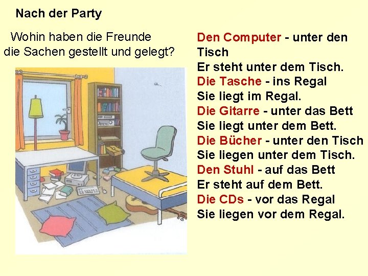 Nach der Party Wohin haben die Freunde die Sachen gestellt und gelegt? Den Computer