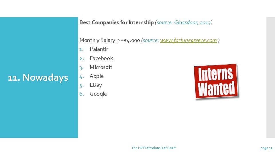 Best Companies for Internship (source: Glassdoor, 2013) Best Companies for Internship Monthly Salary: >=$4.