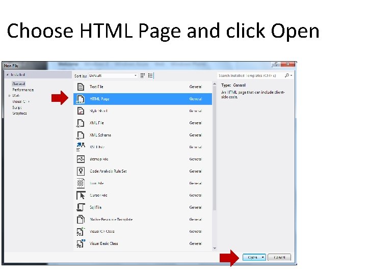 Choose HTML Page and click Open 