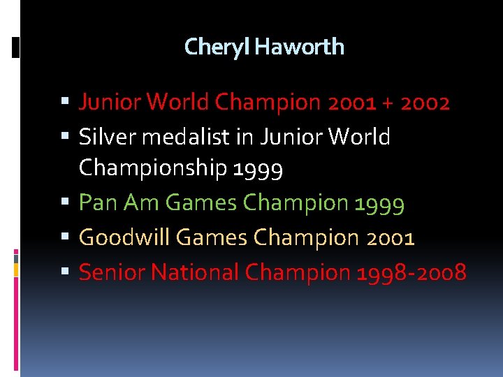 Cheryl Haworth Junior World Champion 2001 + 2002 Silver medalist in Junior World Championship