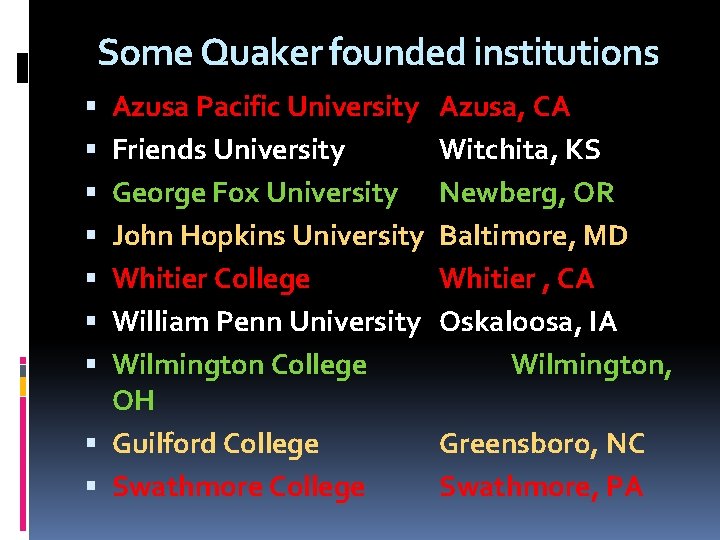 Some Quaker founded institutions Azusa Pacific University Friends University George Fox University John Hopkins