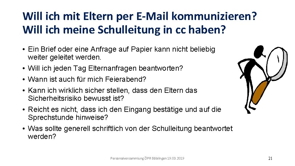 Will ich mit Eltern per E-Mail kommunizieren? Will ich meine Schulleitung in cc haben?