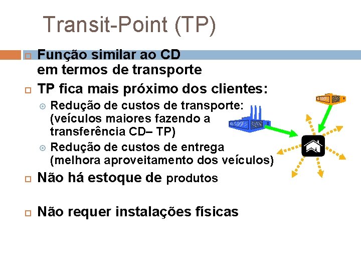 Transit-Point (TP) Função similar ao CD em termos de transporte TP fica mais próximo