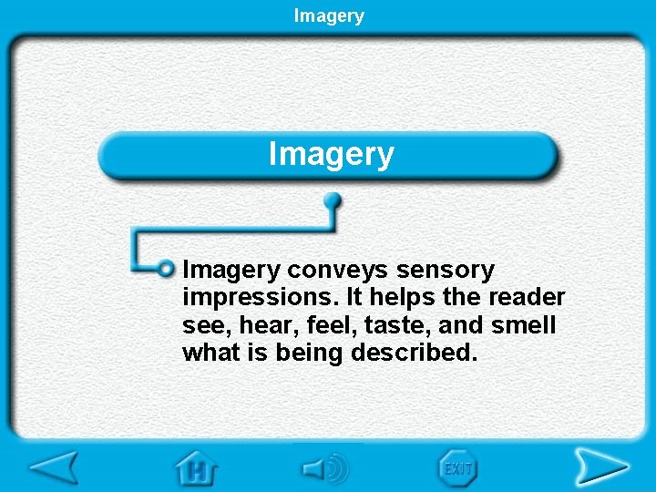 Imagery conveys sensory impressions. It helps the reader see, hear, feel, taste, and smell