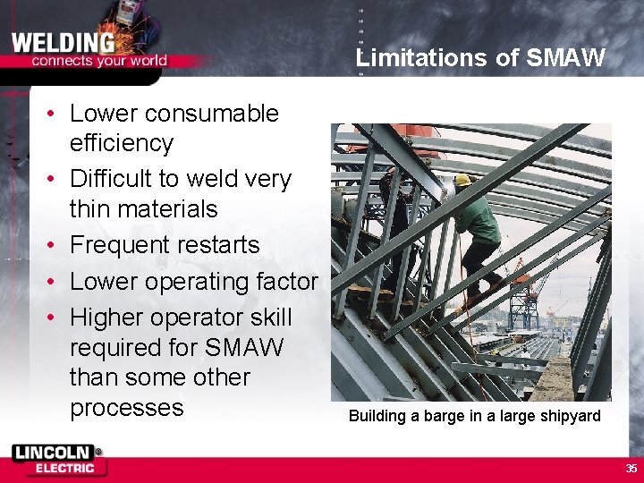 Limitations of SMAW • Lower consumable efficiency • Difficult to weld very thin materials