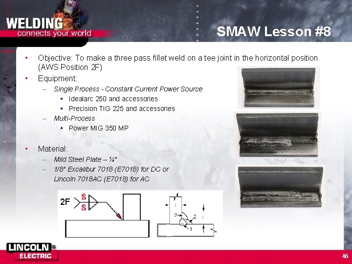 SMAW Lesson #8 • • Objective: To make a three pass fillet weld on
