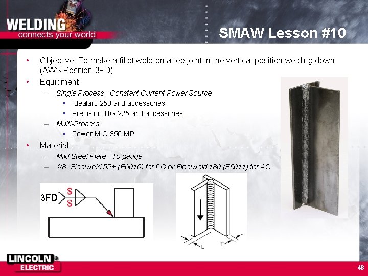 SMAW Lesson #10 • • Objective: To make a fillet weld on a tee