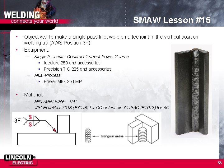 SMAW Lesson #15 • • Objective: To make a single pass fillet weld on