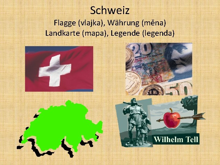 Schweiz Flagge (vlajka), Währung (měna) Landkarte (mapa), Legende (legenda) 