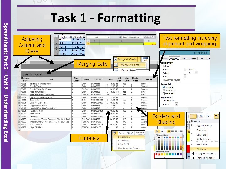 Spreadsheets Part 2 – Unit 3 – Understanding Excel Task 1 - Formatting Text